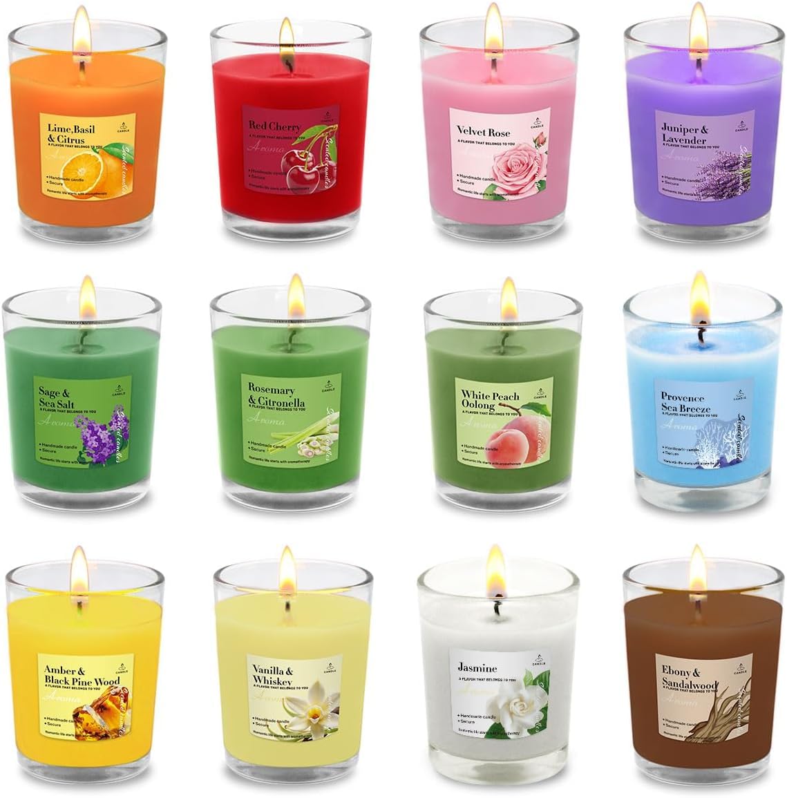 12 paquetes de velas aromáticas mixtas en vidrio, velas votivas pequeñas de cera de soja natural de 2 pulgadas con 12 fragancias, regalo para el día de la madre, día de San Valentín, Navidad, boda