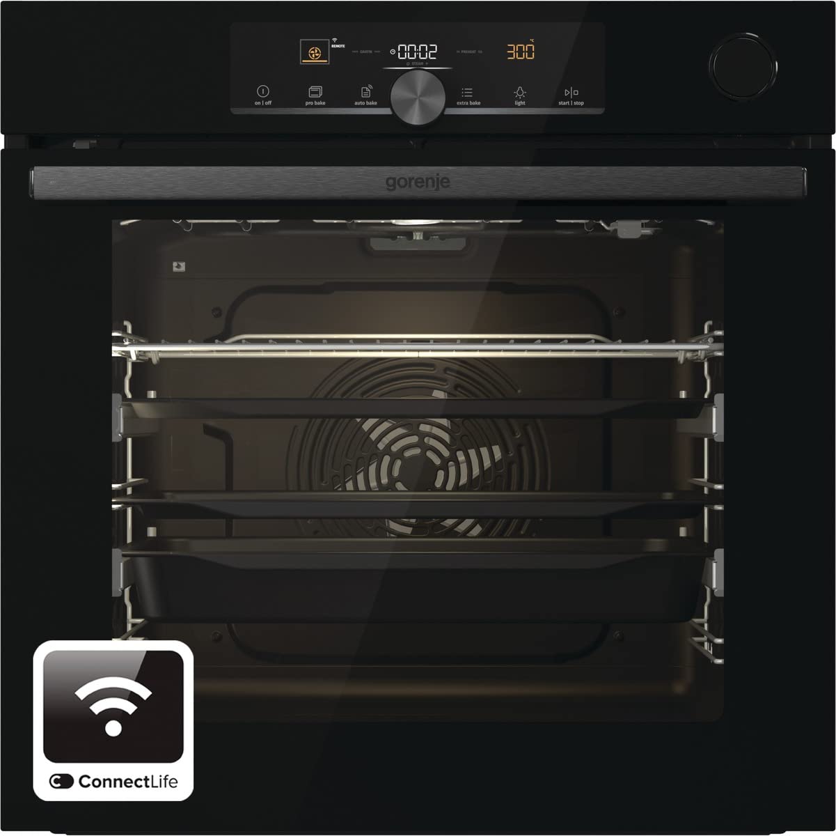 Gorenje OptiBake Advanced BPSA 6747 A08BGWI Einbau-Backofen/Wifi Connected / 77L / Heißluft/Pyrolyse/AutoBake/Touch Bedienung/Bratenthermometer/SteamAssist/PizzaMode 300°C/schwarz