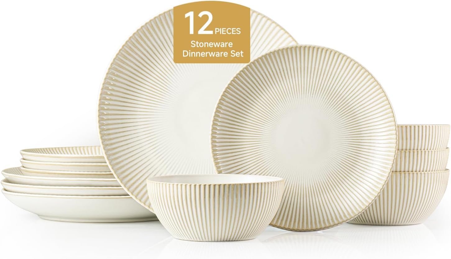 KINGSTONE 12-Piece Beige Stoneware Dinnerware Set for 4, Reactive Glaze Ceramic Plates and Bowls Set with Ribbed Texture, Microwave, Dishwasher & Oven Safe, Ideal for Everyday Dining and Family Meals