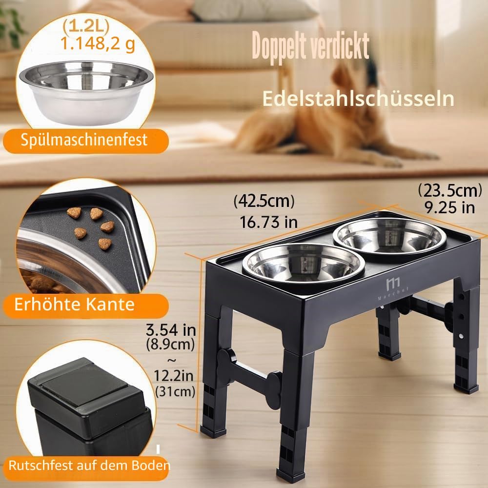 Marchul Hundenapf Erhöht, Futternapf Hund Erhöhter und 2 Näpfe aus Edelstahl 304, Fressnapf Hund mit Verstellbarem Ständer für Große Mittelgroße Kleine Hunde &Katzen