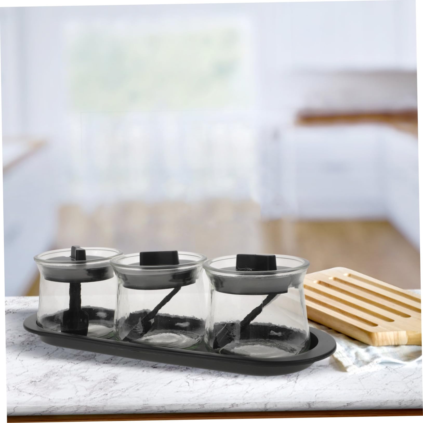 Set di 3 Barattoli Portaspezie in Vetro Trasparente con Cucchiaio Dosatore e Vassoio, Contenitori per Condimenti in Pp per Cucina
