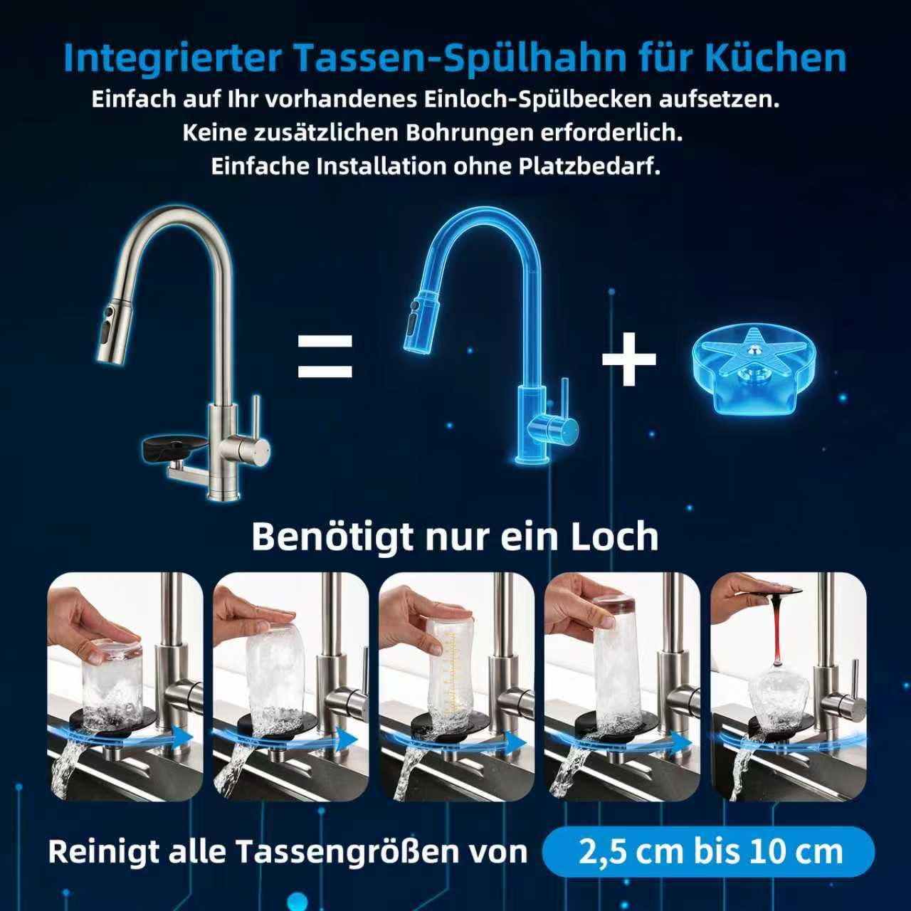 Robinet de cuisine Mynaiad avec lave-gobelet,douchette extractible, double sortie, rotation 360°, robinetterie robinet cuisine en acier inoxydable 304 brossé