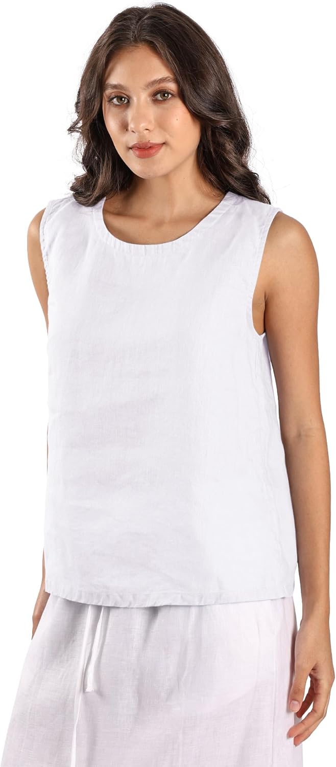 Womens 100% Linen Tank Tops Summer Casual Classical Sleeveless Scoop Neck Blouse