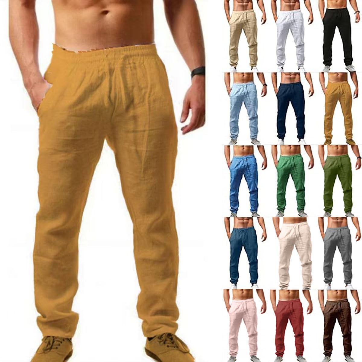 Pantalon en lin homme élastique et respirant avec cordon