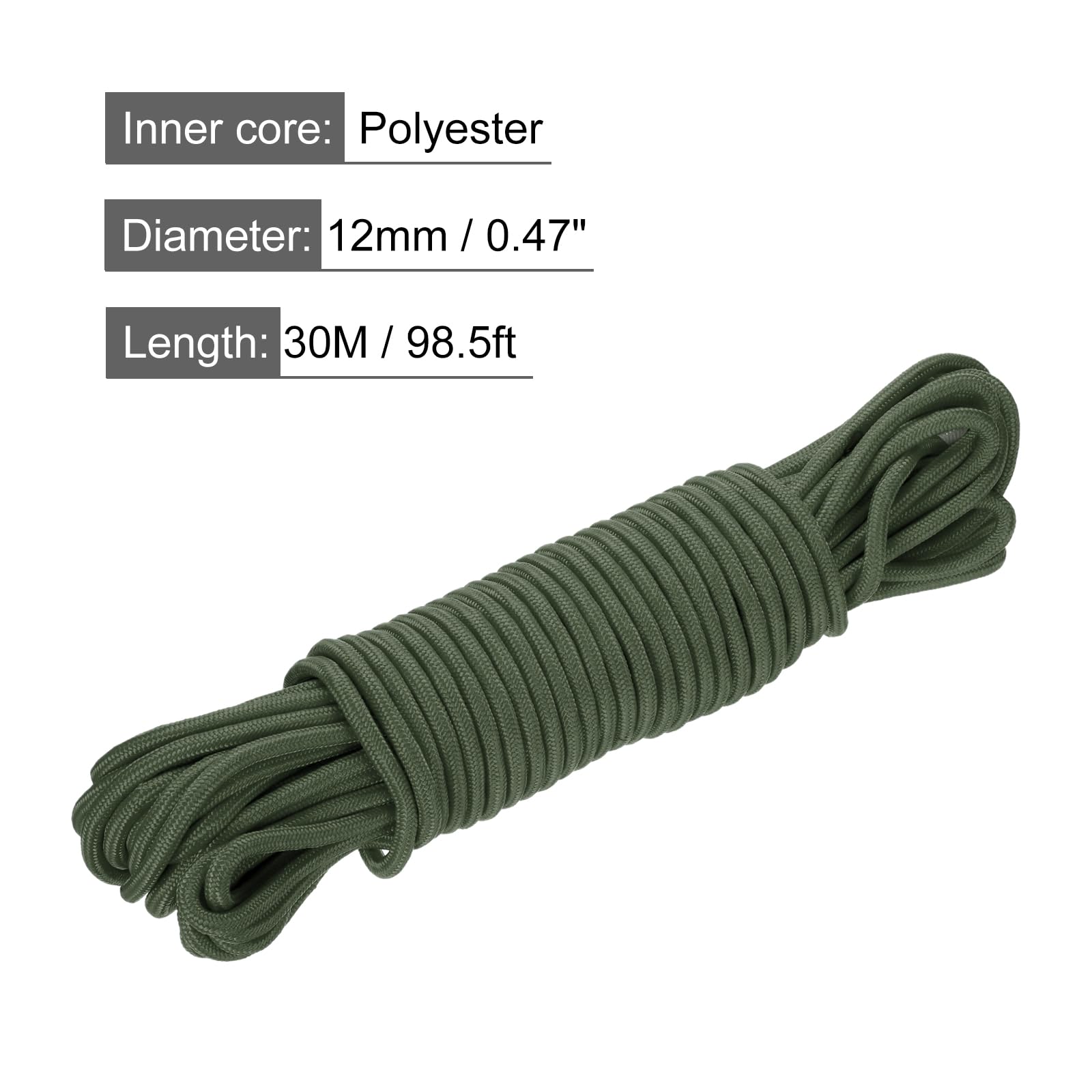 QUARKZMAN Corde tressée en Corde en polypropylène 30M/98ft 1/2" 12mm Vert Olive pour Utilisation intérieure et extérieure, Camping, Corde à Linge