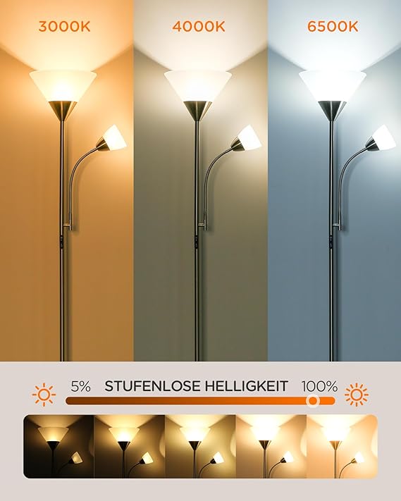 tomons tomons LED vloerlamp woonkamer, vloerlamp dimbaar met leeslamp en afstandsbediening, vloerlamp 3 kleuren, helderheid traploos, touch control, plafondschijnwerper met twee lampkoppen photo 3