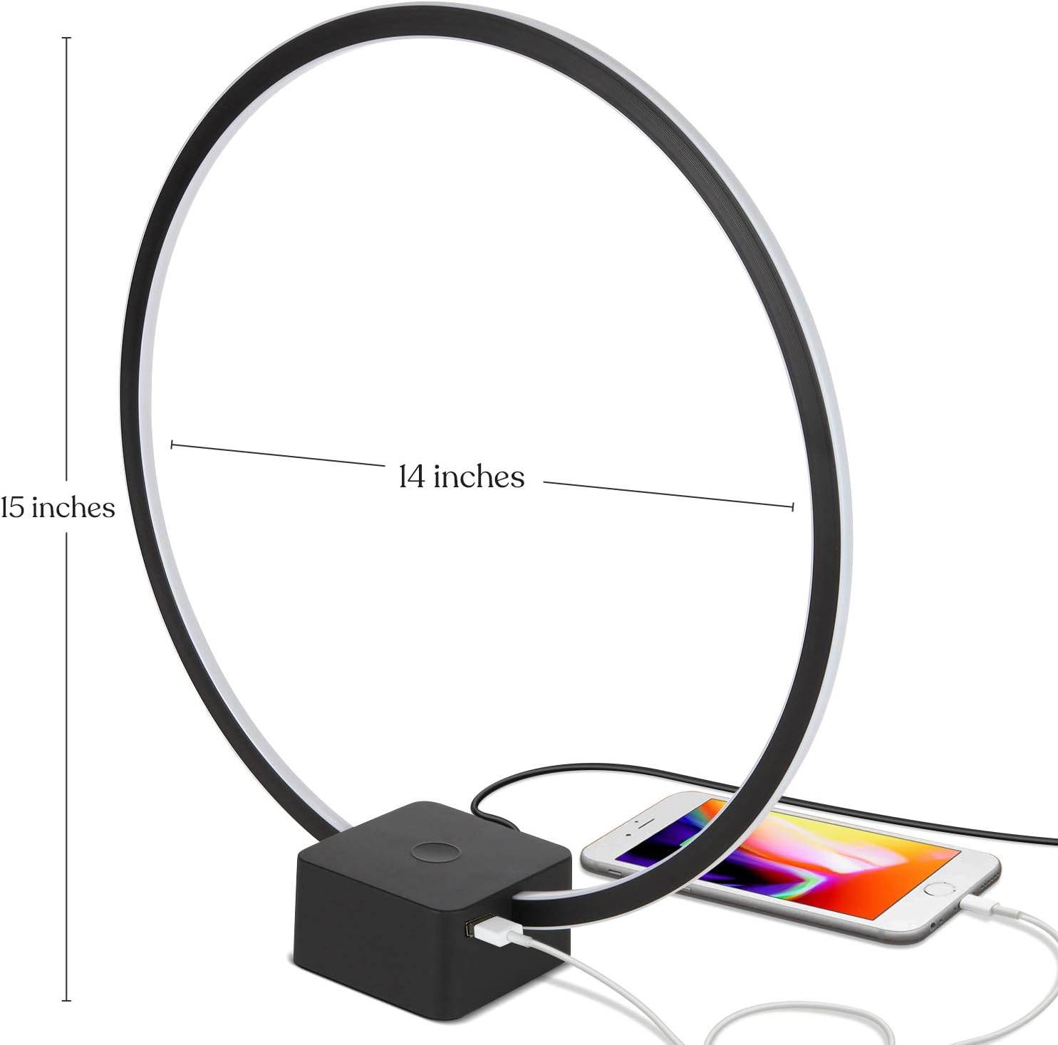 Brightech Circle LED Nightstand Lamp with USB Port – Compact Bed Stand Lamp for Bedroom, Living Room - Modern Asian Table & Desk Lamp on Side & End Tables - Jet Black