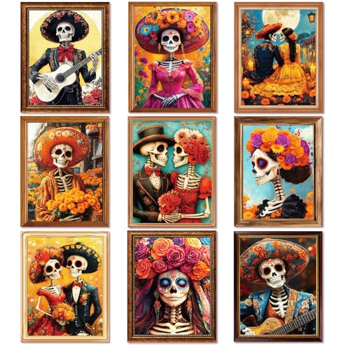 Day of The Dead Poster - 9 Piece Mexican Day of the Dead Decorations Sugar Skull Wall Art Dia De Los Muertos Party Decoration Skeleton Halloween Wall Decor for Mexican Fiesta Party Decor, Unframed