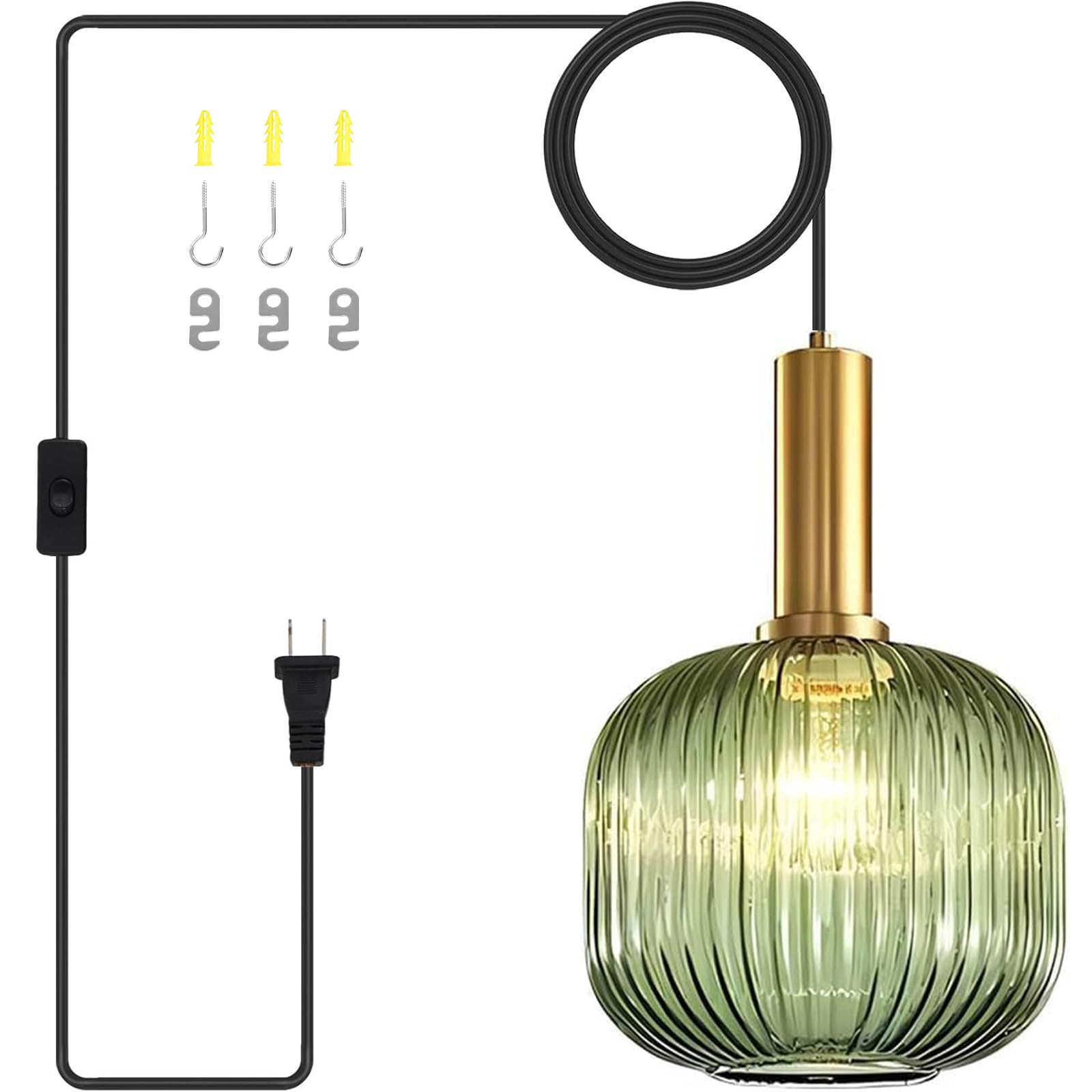 Plug in Pendant Light Green Glass Hanging Lights with Plug in Cord Vintage Gold Pendant Light Mid Century Modern Ceiling Hanging Lamp for Kitchen Island Dining Room Living Room Bedroom