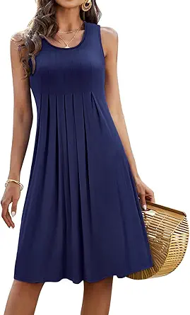 KILIG Women 2023 Summer Casual Loose Floral Print Pleated Sleeveless Midi Vest Sun Dresses for Beach Wedding Party