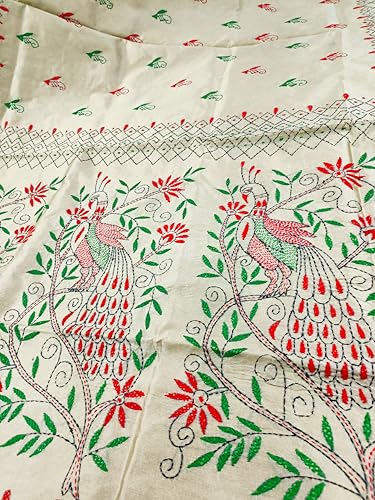 Image of SHRISTI CLOTHINGS Women's Hand Embroidered Cotton Silk Kantha Stitch Saree with Blouse Piece (SB420324 SWD53)