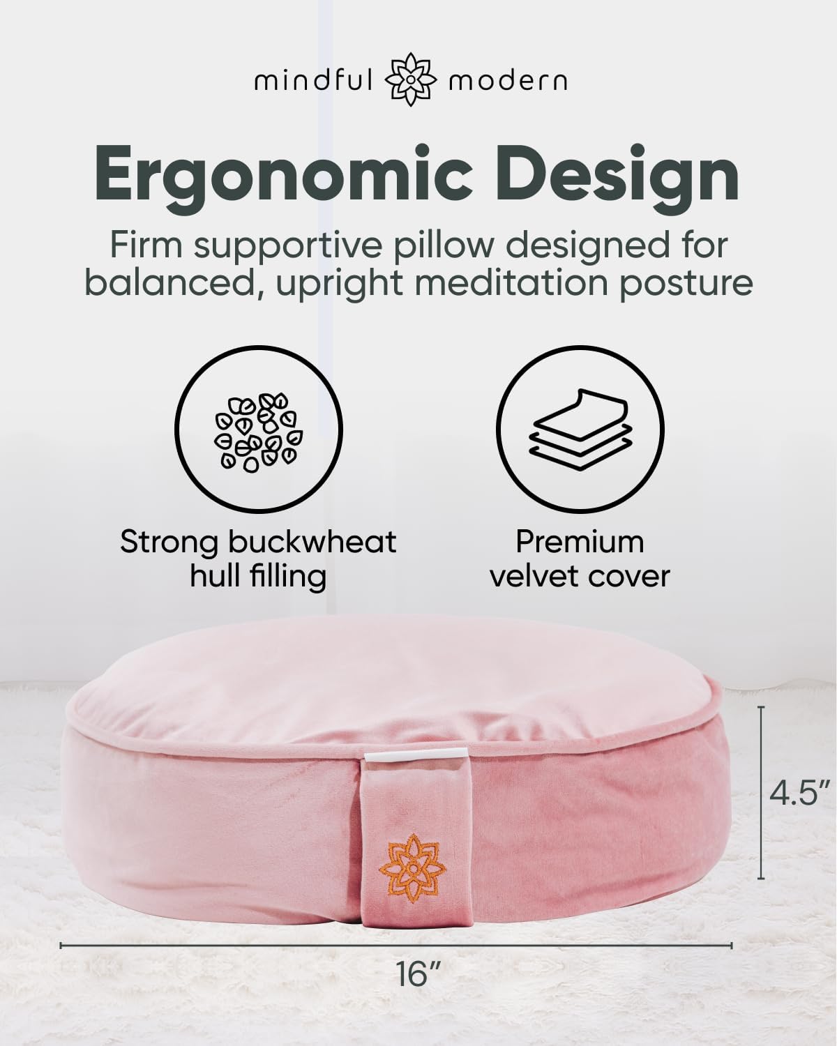 Mindful Modern Velvet Meditation Cushion | Luxe Zafu Yoga Floor Pillow Seat | Posture Support | Buckwheat Hull Filled | Large Round Cushion with Removable Washable Cover + Carry Handle