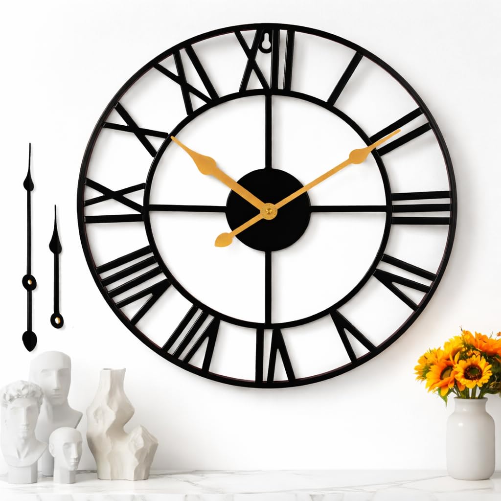 JacksGifts Wall Clock - 47CM, Non-Ticking Metal Roman Numerals wall clocks with Gold-Tone Hands, Wall Clocks for Living Room, Bedroom, Garden, wall Decor & Kitchen clock - Free Black Hands Set (47 CM)