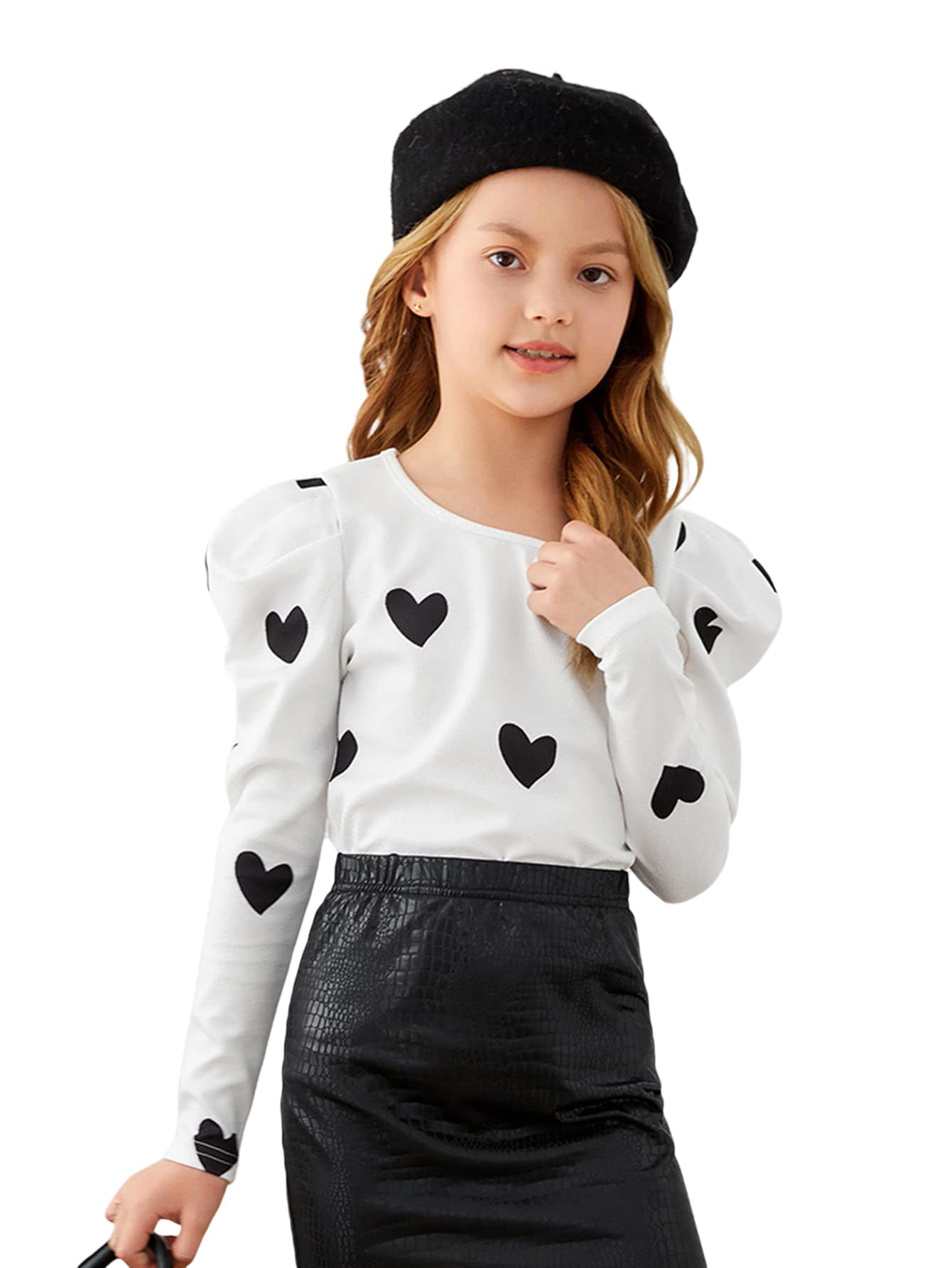 WDIRARA Girl's Heart Print Round Neck Puff Long Sleeve Tee Cute T Shirt