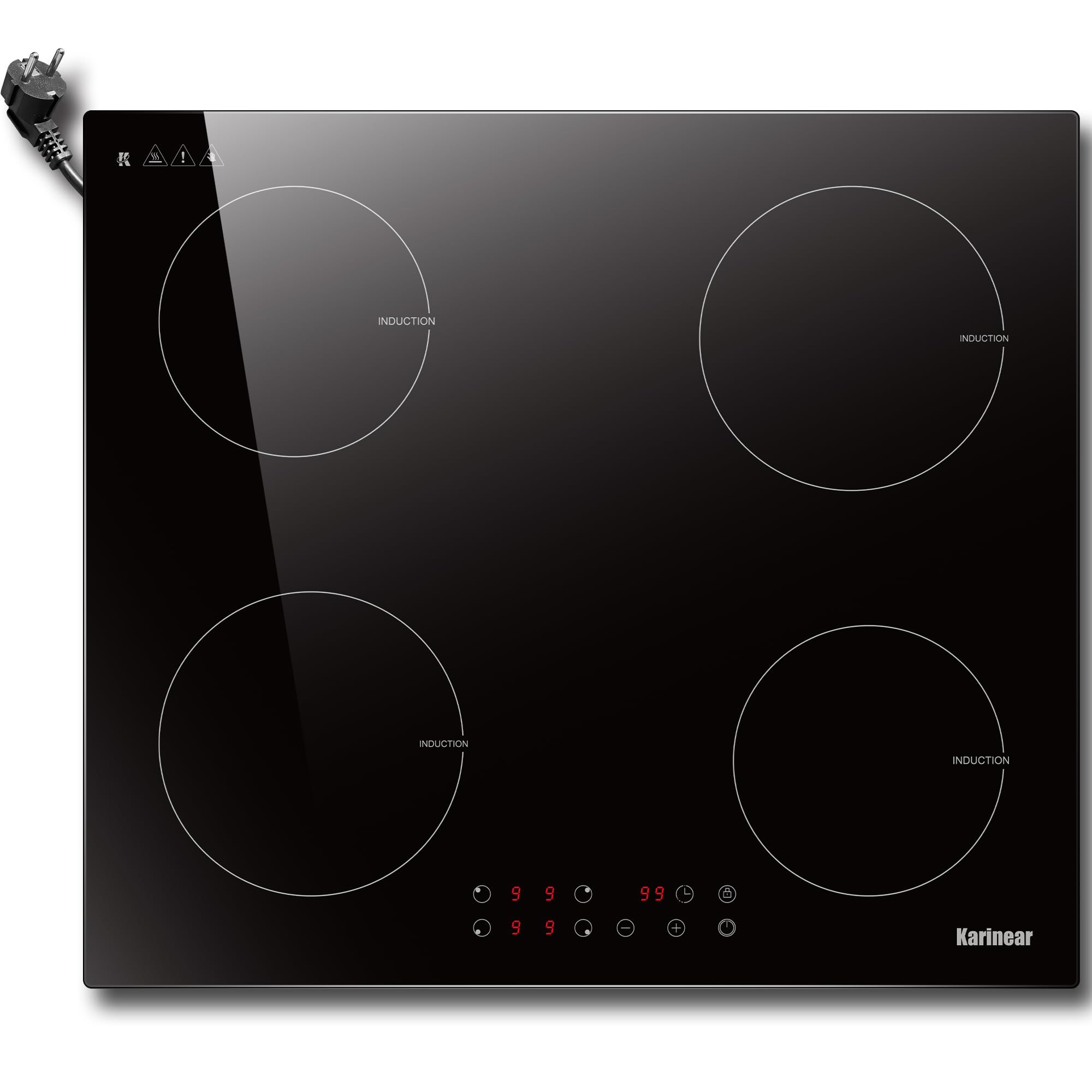 Karinear Induktionskochfeld 60 cm 4 Platten, Einbau Kochfeld Induktion mit Stecker, 3500W 9 Leistungsstufe, Timer, Kindersicherung, Automatische Abschaltung, 220-240V