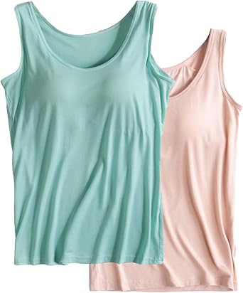2 Pack Tank Tops for Women Built in Shelf Bra Plus Size Casual Summer Yoga Layering Adjustable Strap Undershirt