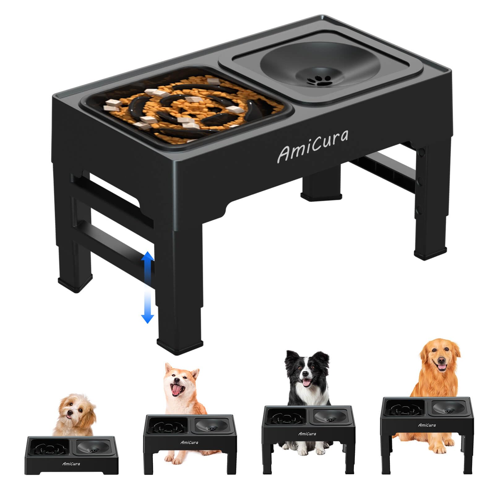 Amicura Gamelle Chien Surelevee, 2-en-1 Gamelle Surélevée avec Gamelle d'eau Anti-éclaboussure et Acier Inoxydable, 4 Hauteurs RéGlables pour Petits Chien Chat de Compagnie, Moyens et Grands