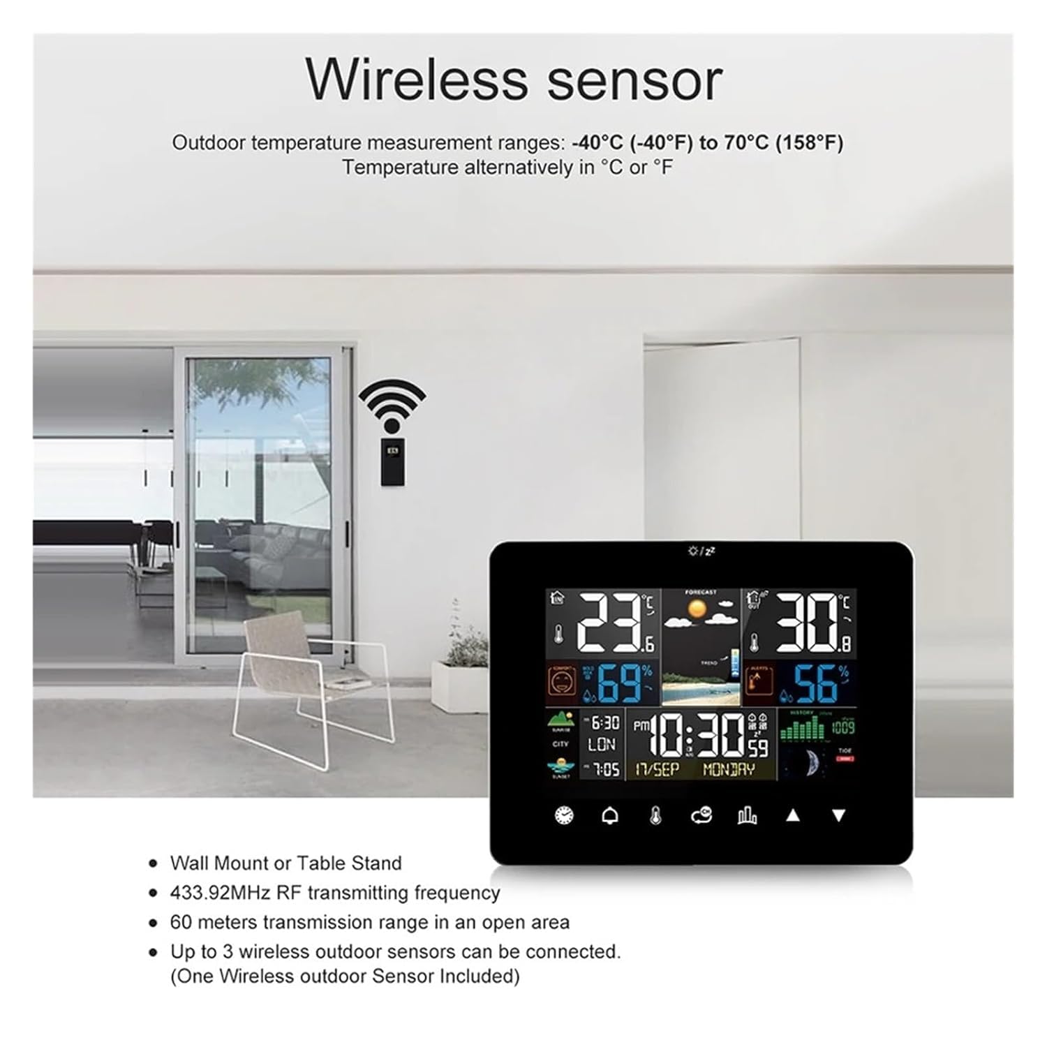 Estación meteorológica Digital doméstica con termómetro para Interiores y Exteriores, Sensor inalámbrico, Pantalla LCD, Despertador y pronóstico. Fácil de Usar.