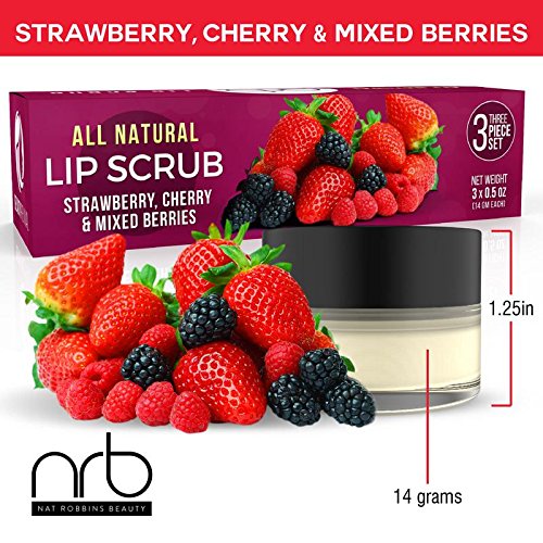 NRB Beauty Revival Lip Scrub 3 Piece Set - All Natural Sugar Based - Exfoliating & Moisturizes Chapped Dry Lips - 0.5 oz Each - Made In The USA - Mixed Berries