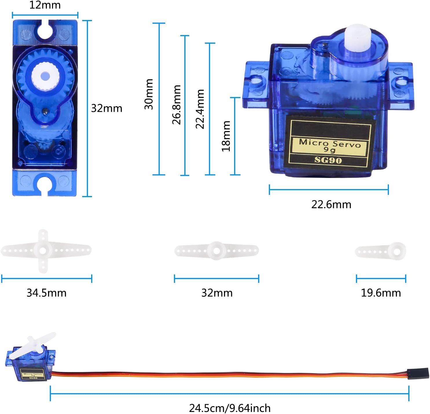 Diagram showing the dimensions of the SG90 micro servo motor and its various servo horns in millimeters.