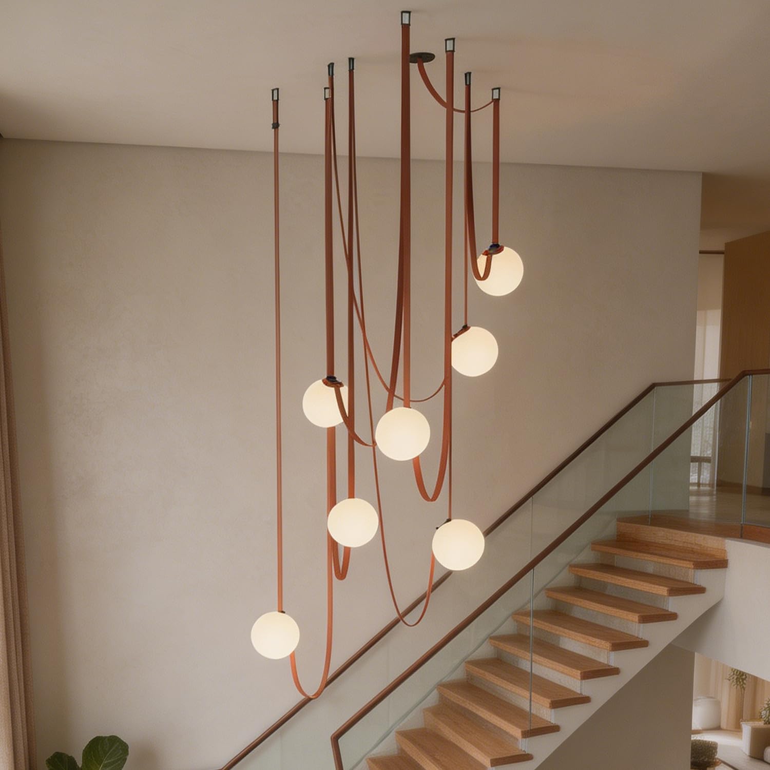 Photo 1 of Nordic white glass spherical pendant light, leather, living room, staircase