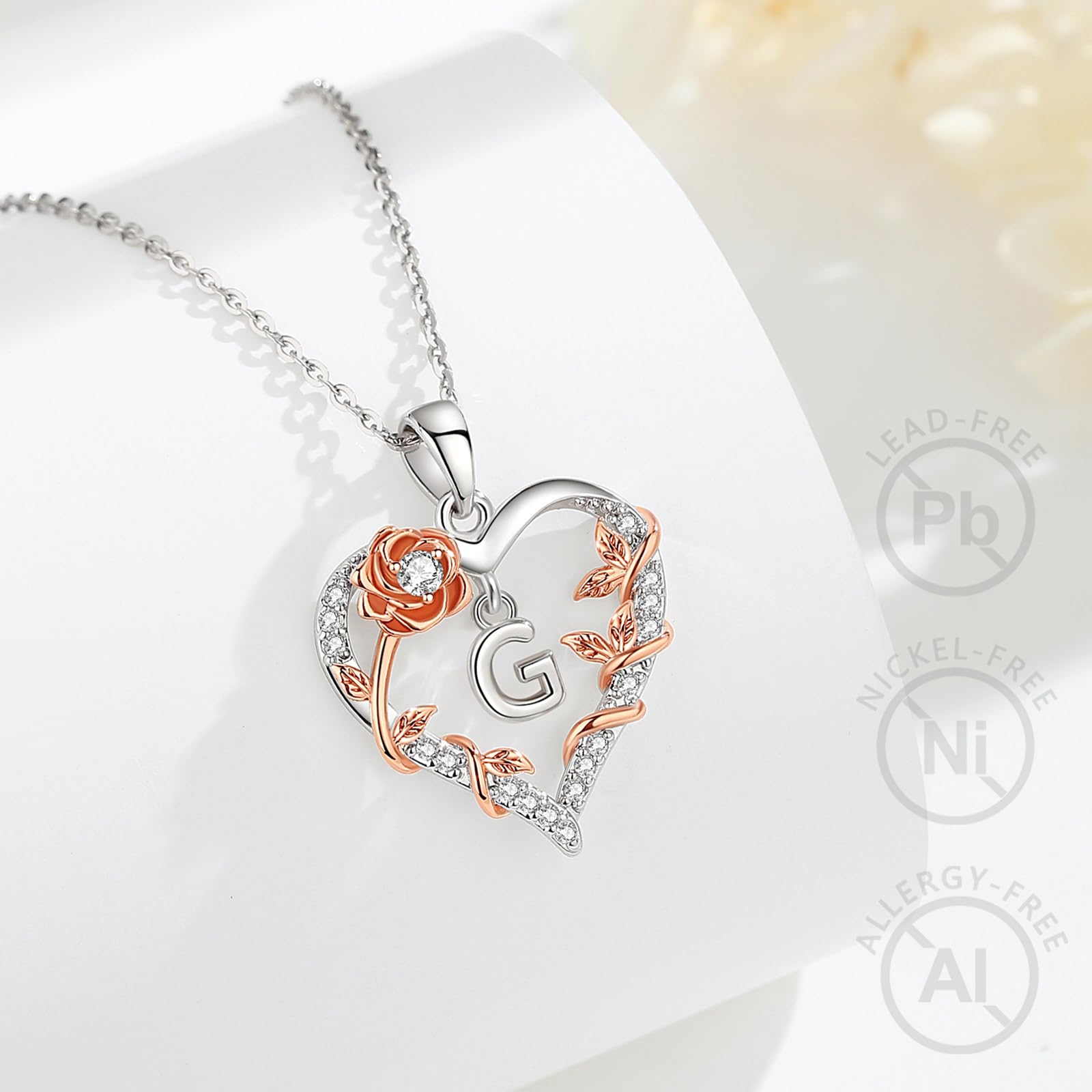 EUDORA Harmony Ball Collana con iniziali a Cuore Rosa per Donne, Lettera dalla A alla Z Collane con Iniziali dell'Alfabeto in Rame Placcato in Rodio Iniziali con Ciondolo Regali di Gioielli, 18"