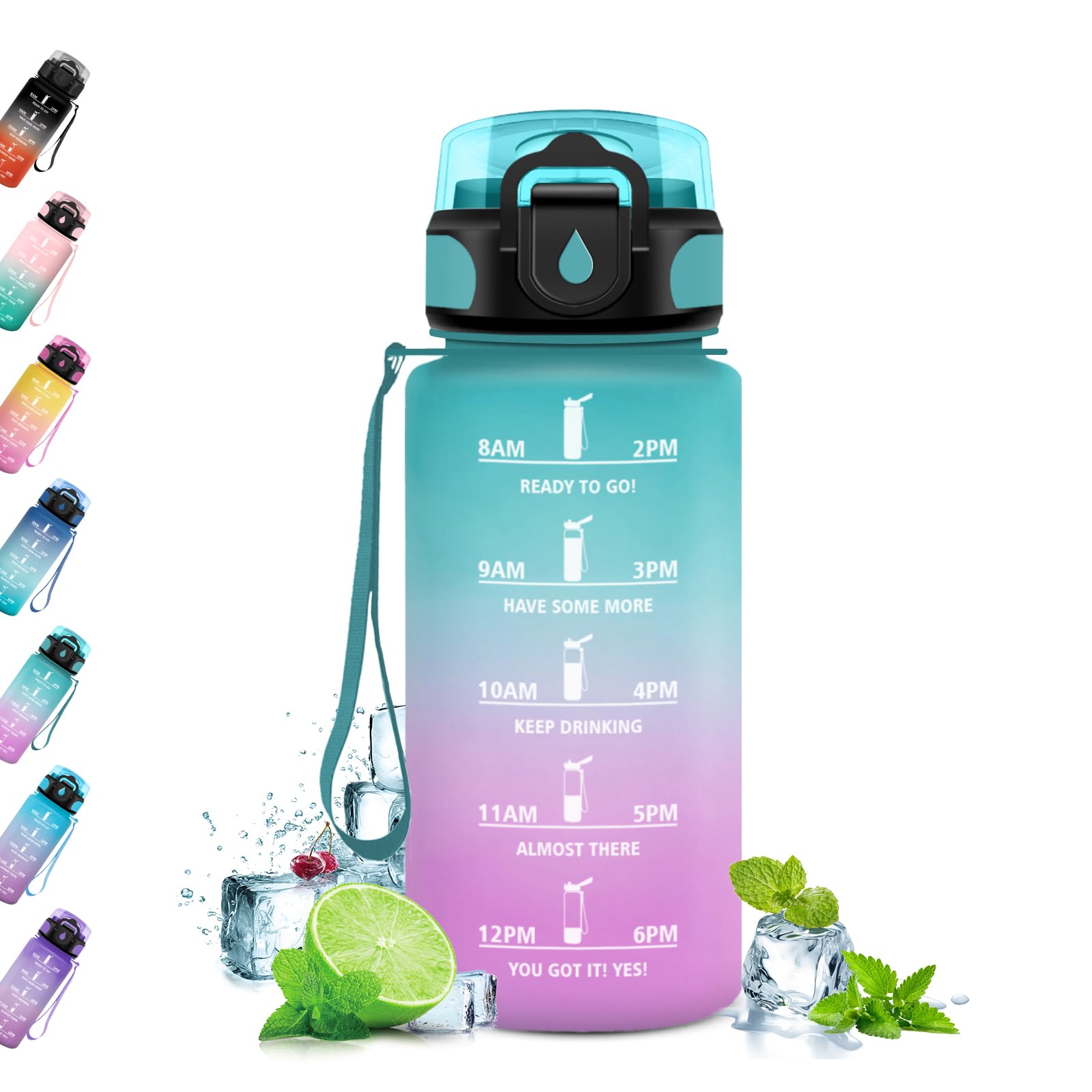 JAPORIA Borraccia Sport 500ml, Borraccia con Cannuccia, Indicatore del Tempo Motivazionale, Bottiglia Acqua per Fitness, Ciclismo, Bici, Scuola, Fitness