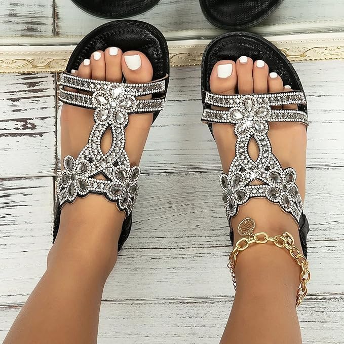 Women Sandals Comfortable, Flat Sandals With Rhinestones for Women, Women's Bohemian Sparkling Wide Width Flats Dressy Elastic Strappy Jeweled Comfort Wedge Walking Summer Beach Dress Sandals - Image 2