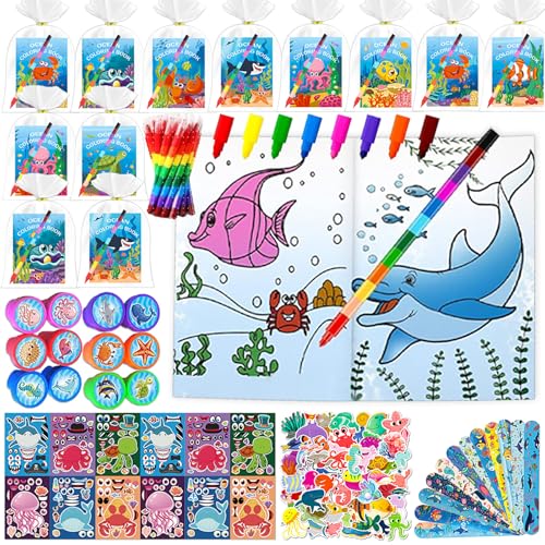 janbrm Ocean Party Favors with Coloring Book,122Pcs Under The Sea Party Decorations, with Coloring Books,Crayons,Wristband,Stamps,for Party Goodie Bag Stuffers School Activity Supplies (Ocean)