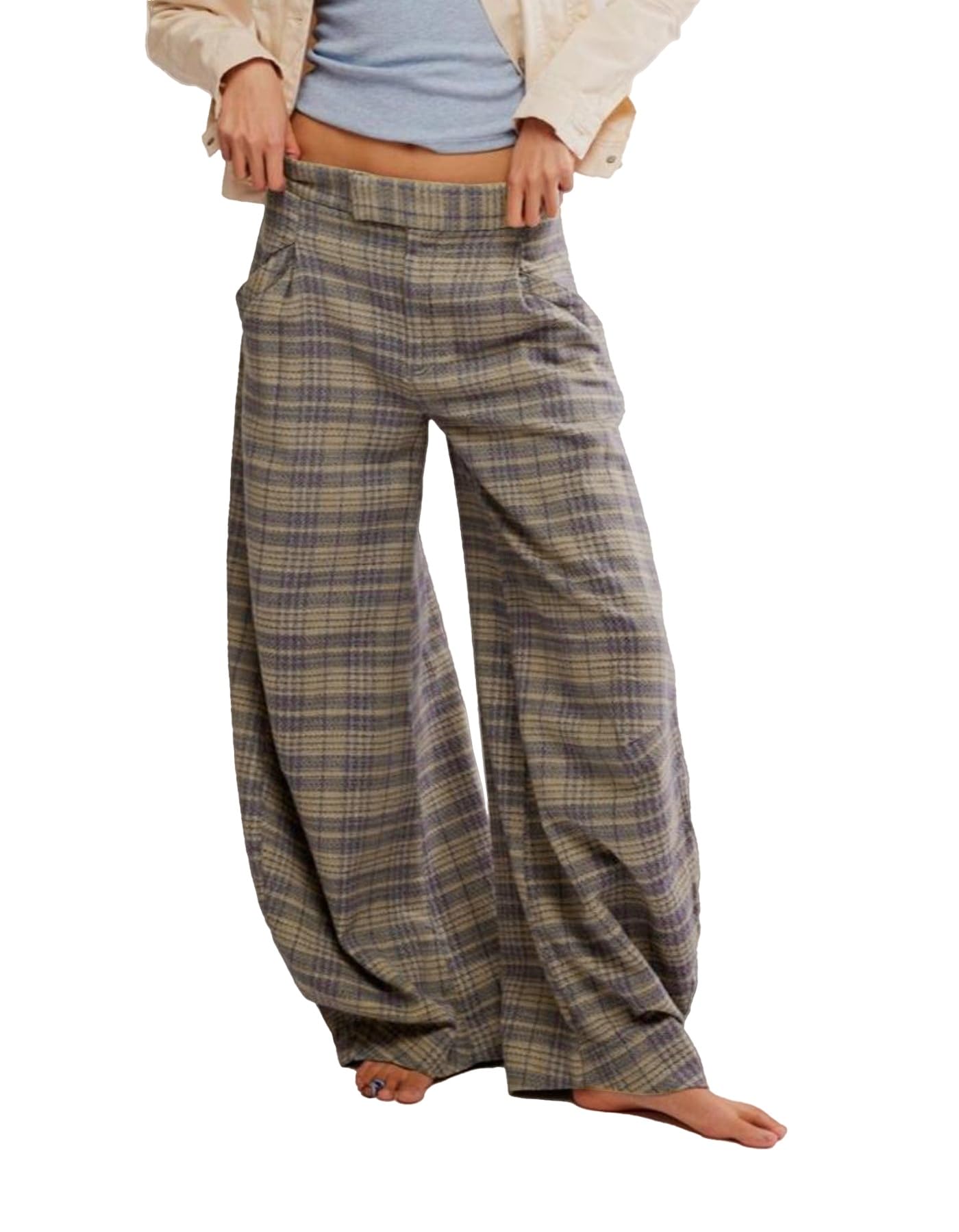 Kedera Women Vintage Tartan Plaid Print Wide Leg Pants High Waisted Baggy Trousers Casual Business Work Slacks