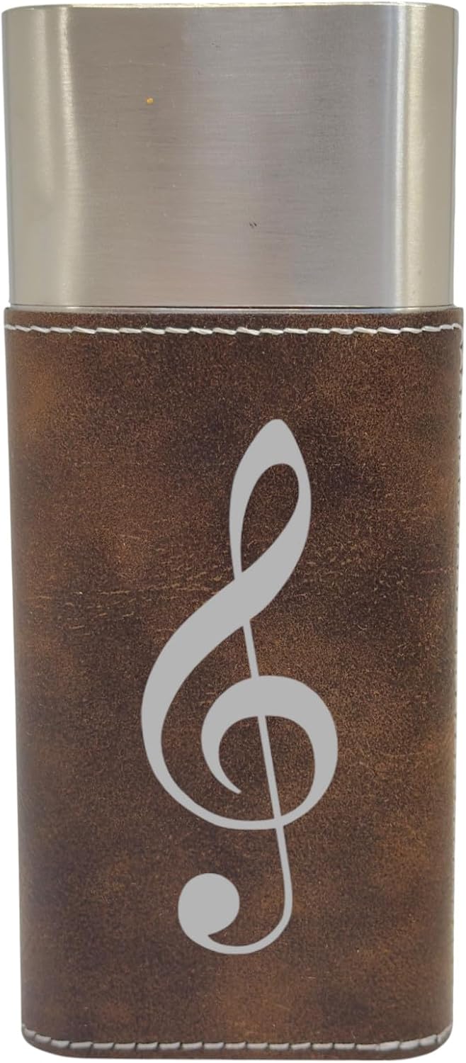 Hip Flask Plus Cigar Case with Cutter - Treble Clef note - Leather (Black/Silver)