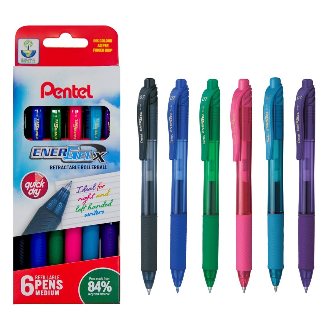 Penne Pentel Energel X BL107 Confezione Da 6 | Punta 0,7 Mm Inchiostro A Secco Rapido Colori Assortiti