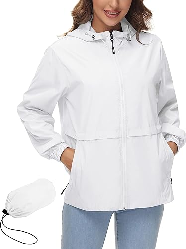 Avoogue Chaqueta impermeable para mujer, ligera, plegable, con capucha, rompevientos para exteriores
