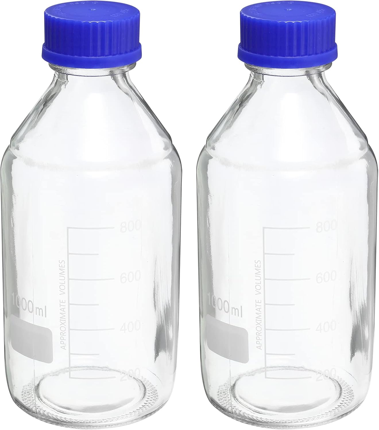 PATIKIL 1000mL Reagent Media Bottle, 2Pcs Round Graduated Glass Storage Bottle Blue Screw Cap for Chemistry Lab Universities Home, Clear