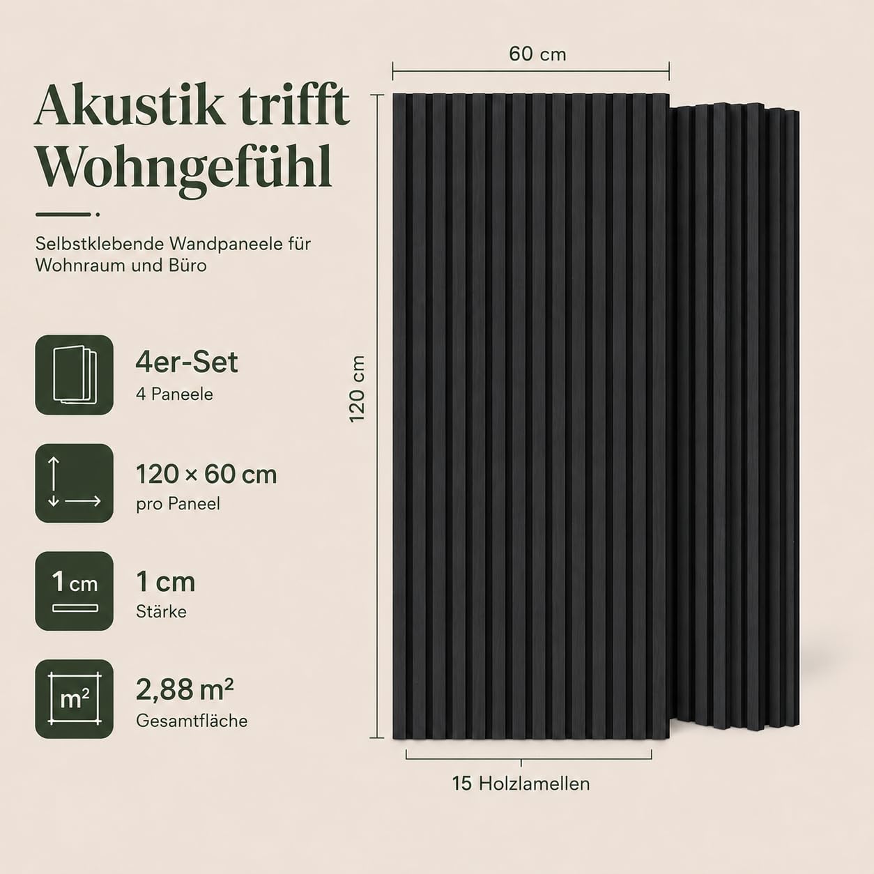 AKK-STAVE Akustikpaneele selbstklebend, 2,88m² 4er-Set (120x60cm) – 3D Wandpaneele Holzoptik, schallabsorbierende Wandverkleidung für Wohnzimmer, Büro (22# Schwarz)