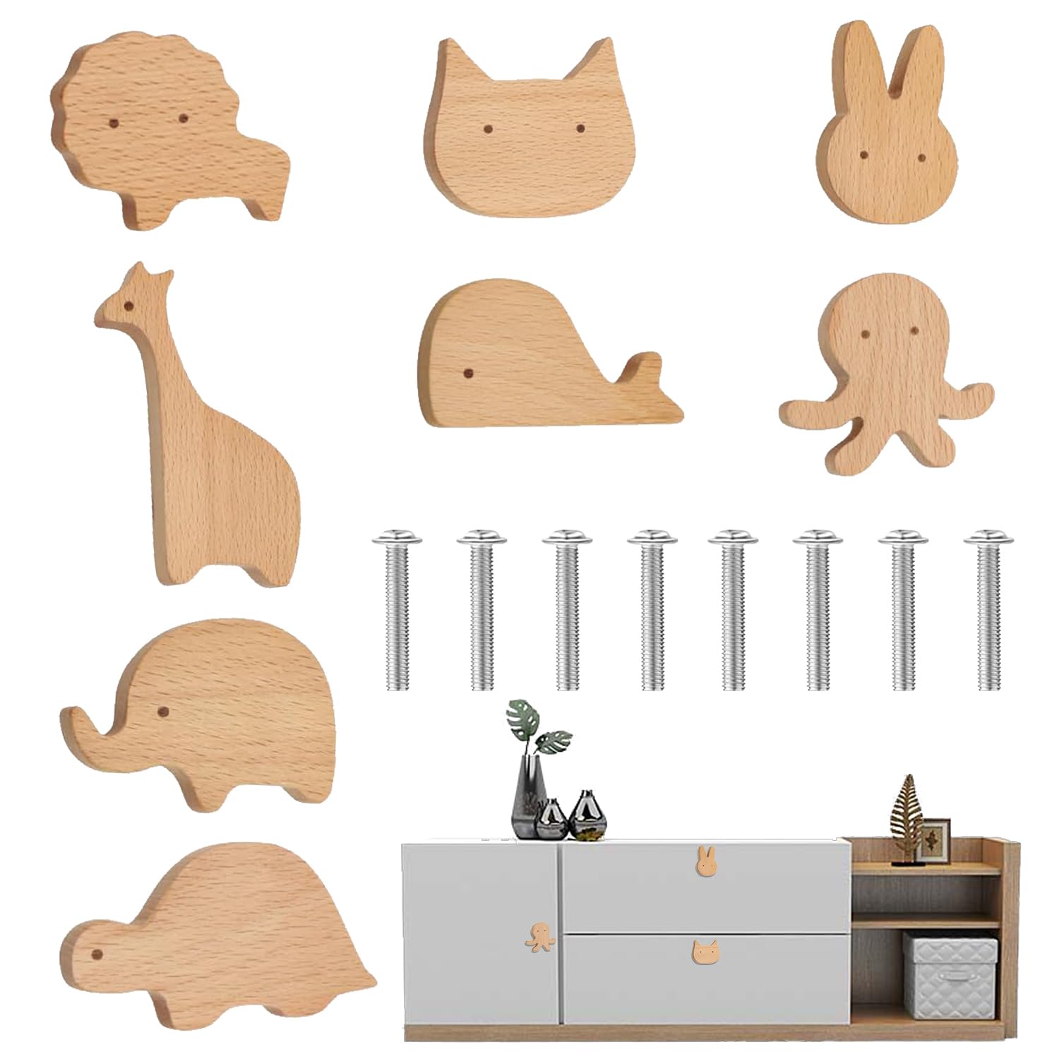 Boutons en bois pour armoire, Lot de 8 Poignées de Meuble en Bois Animals, Poignées animales pour meubles d'enfant, Boutons de meubles en bois, Bouton Meuble Enfant, Convient pour maison cuisine