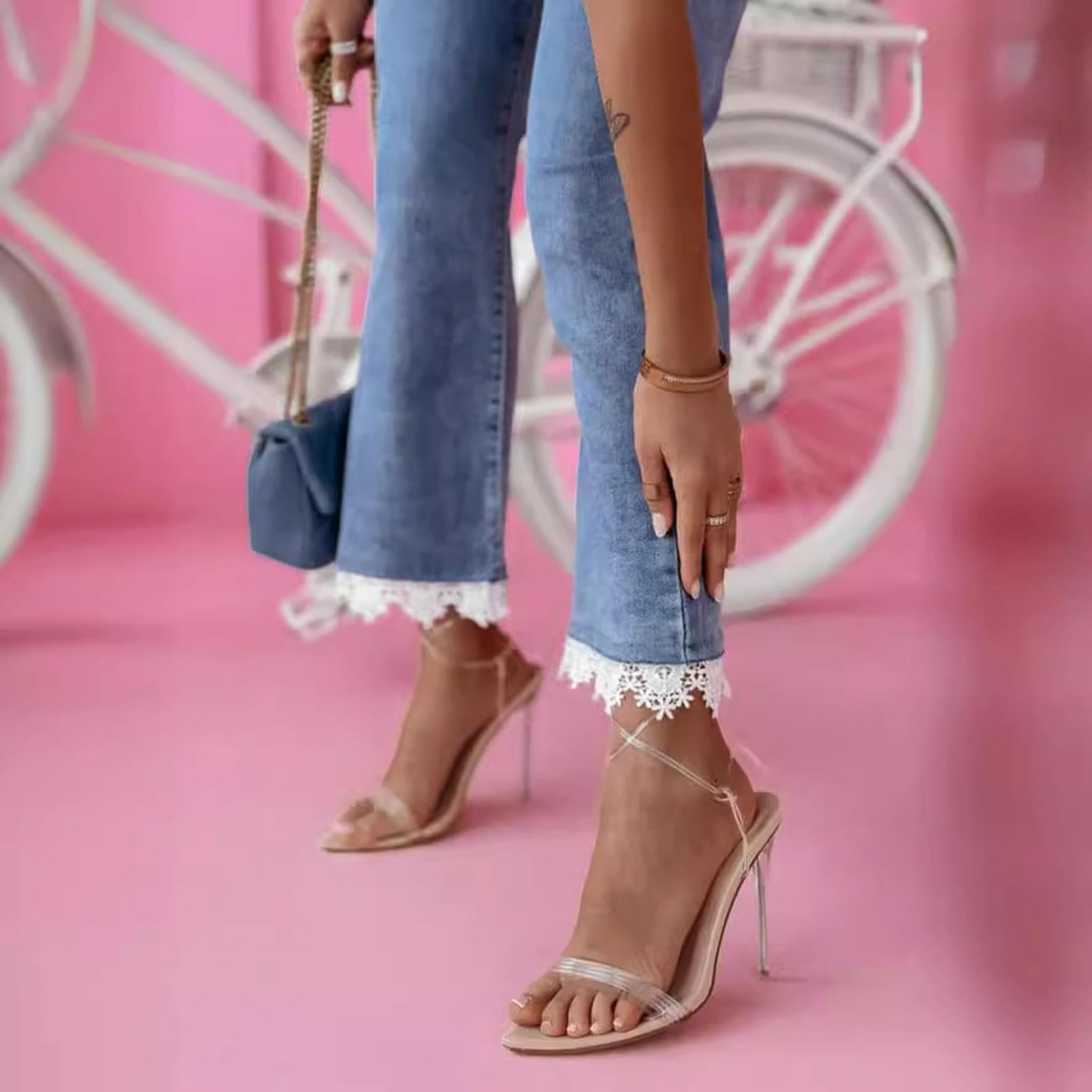 Jeans da Donna Pantaloni A Zampa Slim Vita Alta con Finiture in Pizzo-Azzurro-XXL