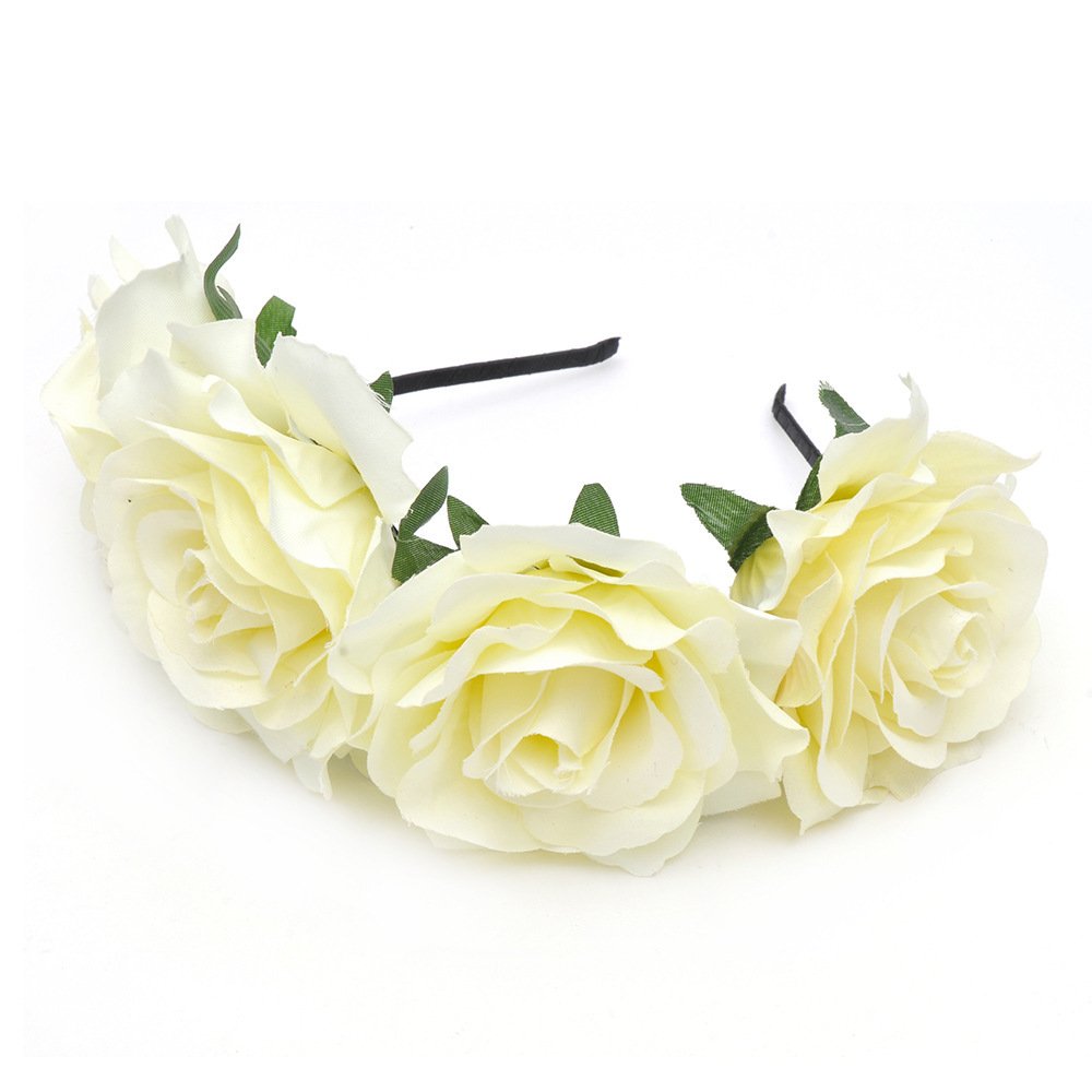 Bodermincer Women Rose Flowers Hairband Branch Wedding Wreath Headband Crown (Beige 11cm)