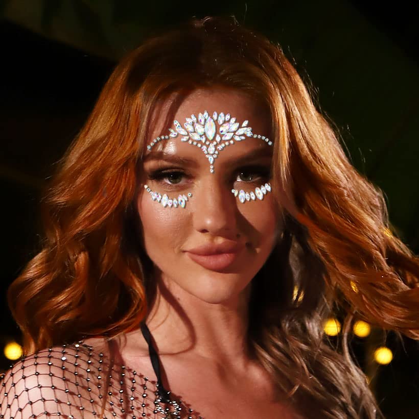 Miniatura 6 de Calcomanías de cara de cristal, gemas de sirena, brillantes, calcomanías temporales, accesorios de fiesta rave para mujeres y niñas (D)