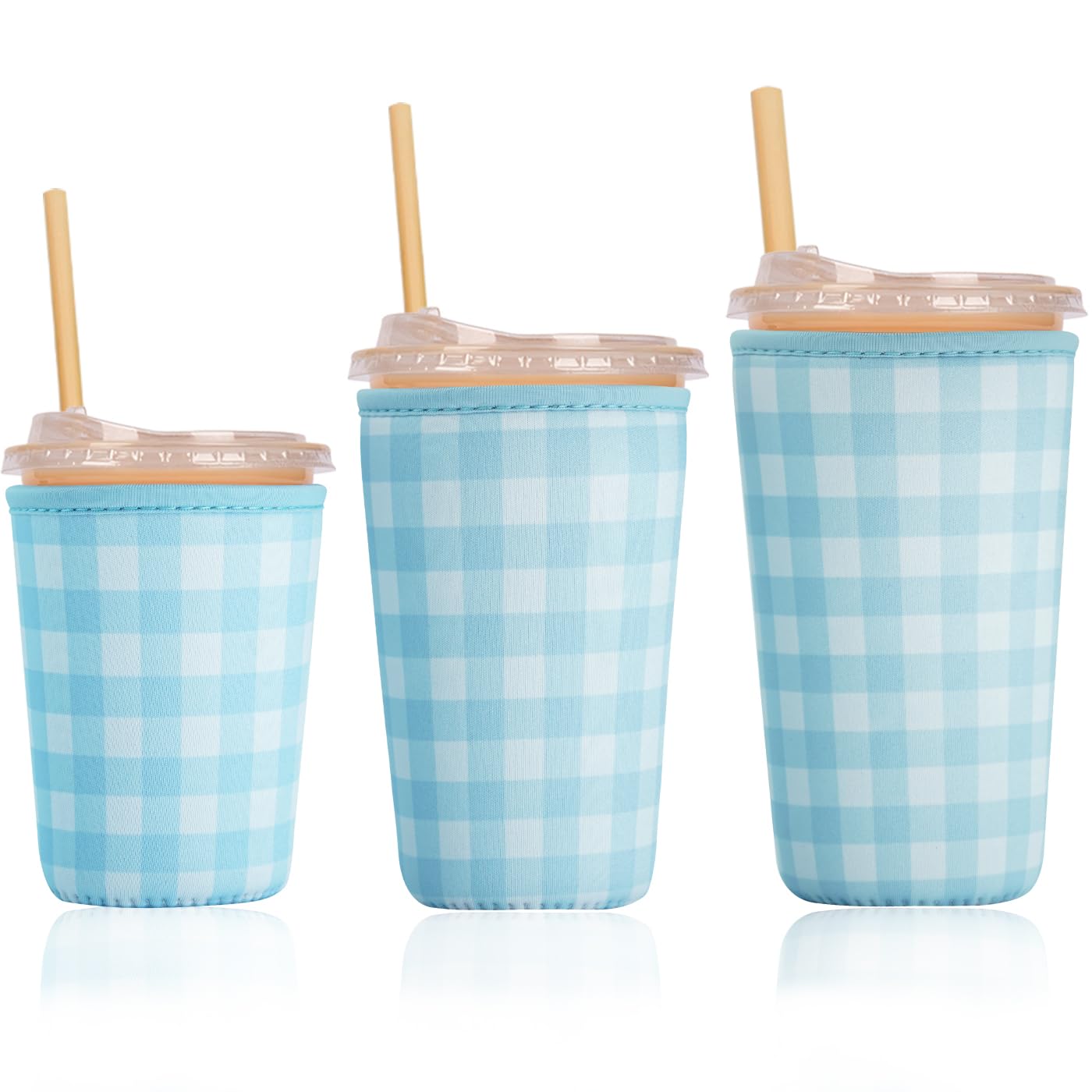 Reusable Insulated Sleeve for Iced Coffee Cup, 3-Pack Coffee Neoprene Drink Sleeve for Cold &amp; Hot Drinks, Beverage Holder for Iced Coffee (Soft Blue Gingham)