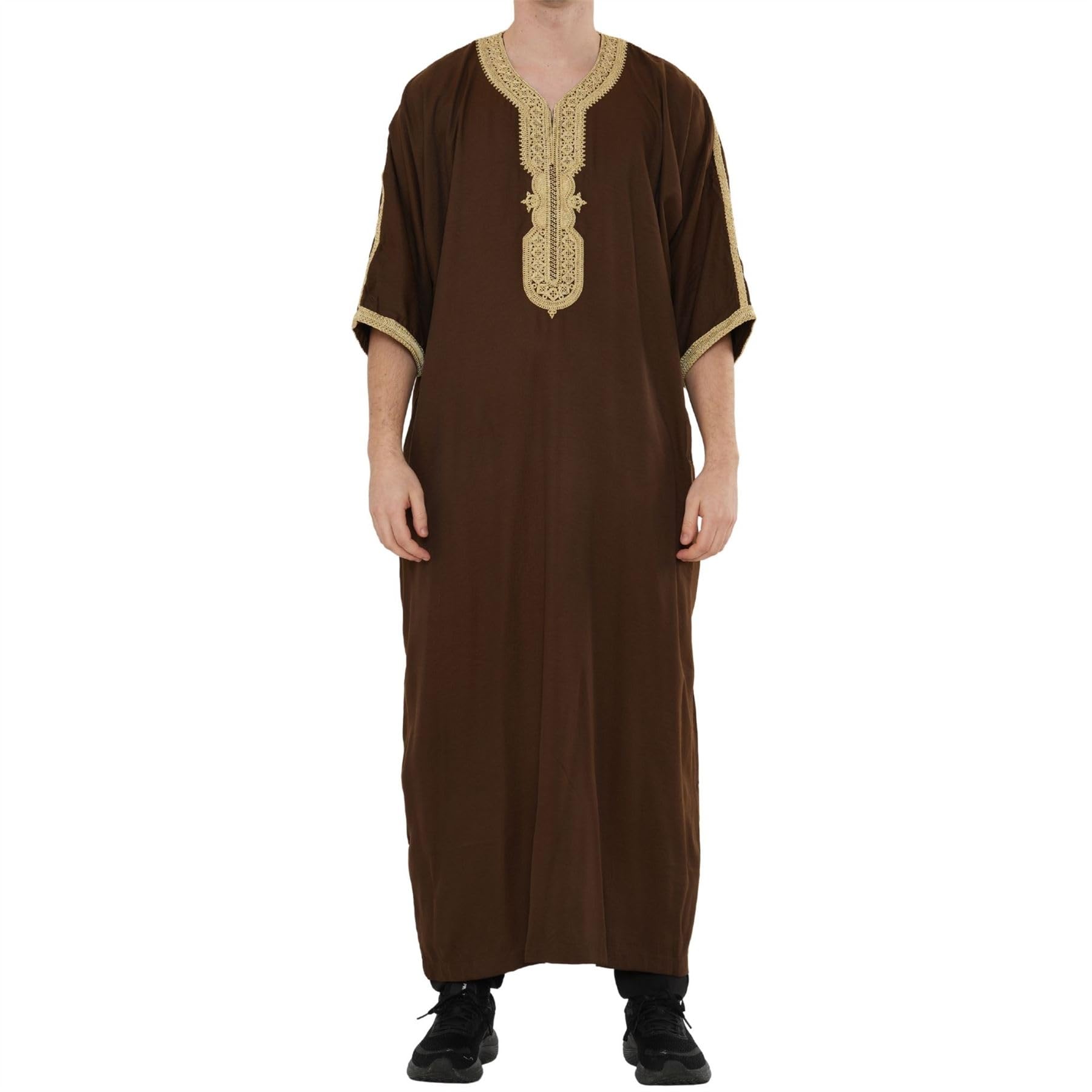 Men's Moroccan Thobe Half Sleeve Gandoura Embroidery Kaftan Eid Ramadan - Brown Beige 58