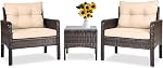 DORTALA Wicker Patio Furniture Set 3 Piece, Outdoor Small Table and Chairs with Cushions, All Weather Balcony Conversation Bistro Set for Garden, Backyard, Porch, Poolside, Red