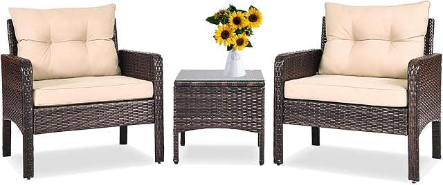 DORTALA Ensemble de meubles de patio en osier 3 Pièce, Table basse et chaises avec coussins, Bistro Conversation Balcon tout temps pour jardin, jardin, porche, côté piscine, Beige