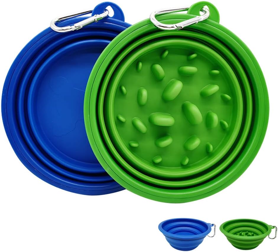 2-Piece Collapsible Dog Bowl Travel Dog Bowl Slow Feeder Dog Bowls Silicone Foldable Dog Water Bowl for Outdoor Traveling Camping(Large)