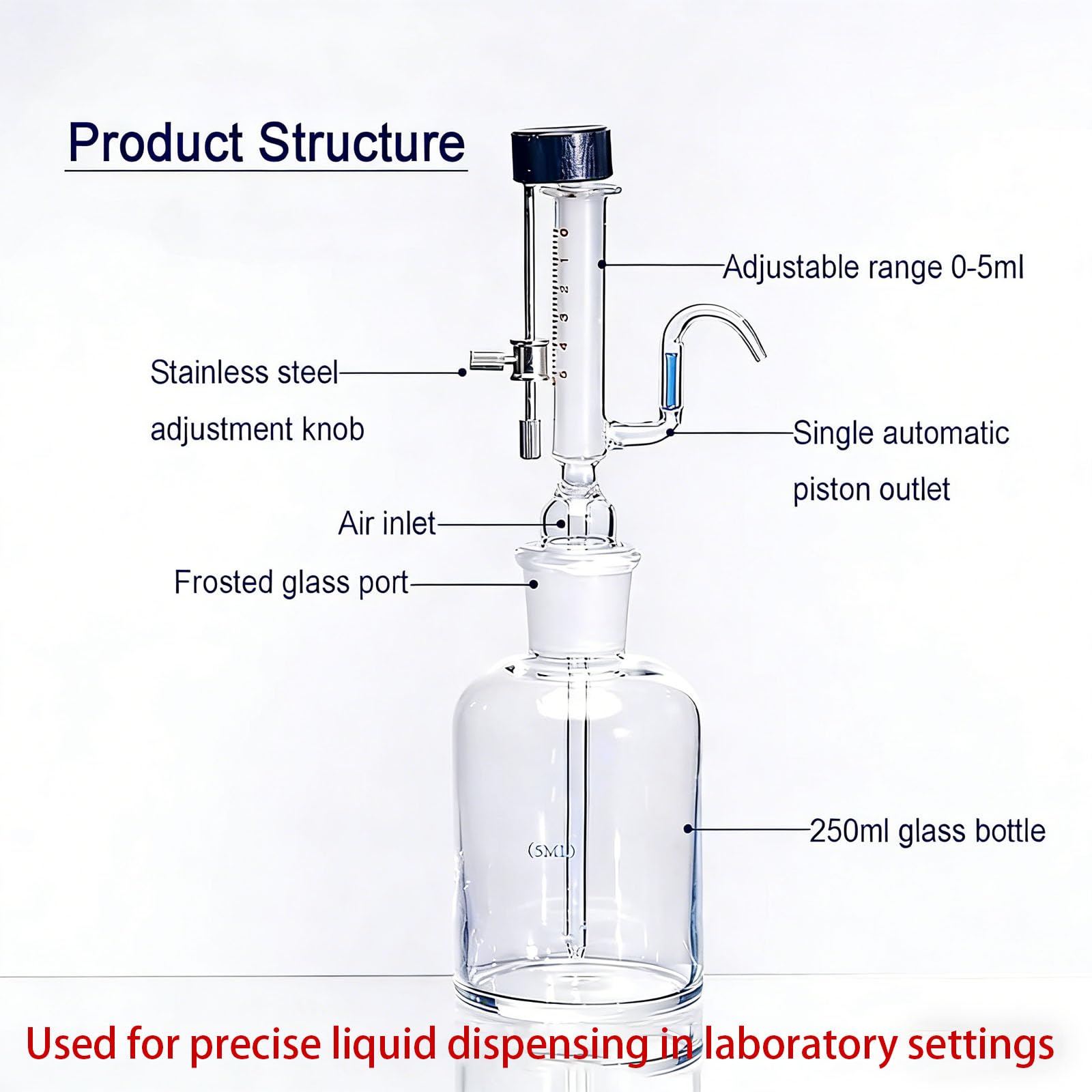 Botella de pipeta de vidrio, dispensador de líquido micro ajustable con perilla de control de acero inoxidable, herramienta de caída de precisión para pruebas y medición de laboratorio