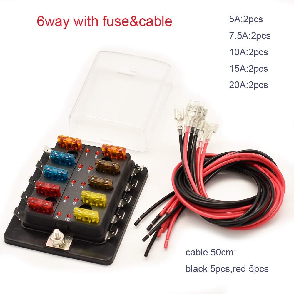 Porta Fusibili 12 Volt A 6 Vie Per 12V/24V, Portafusibili 12V Con 12 Fusibili ATC/ATO, Senza Indicatore LED, Connessione Positiva E Negativa, Per - Foto 10