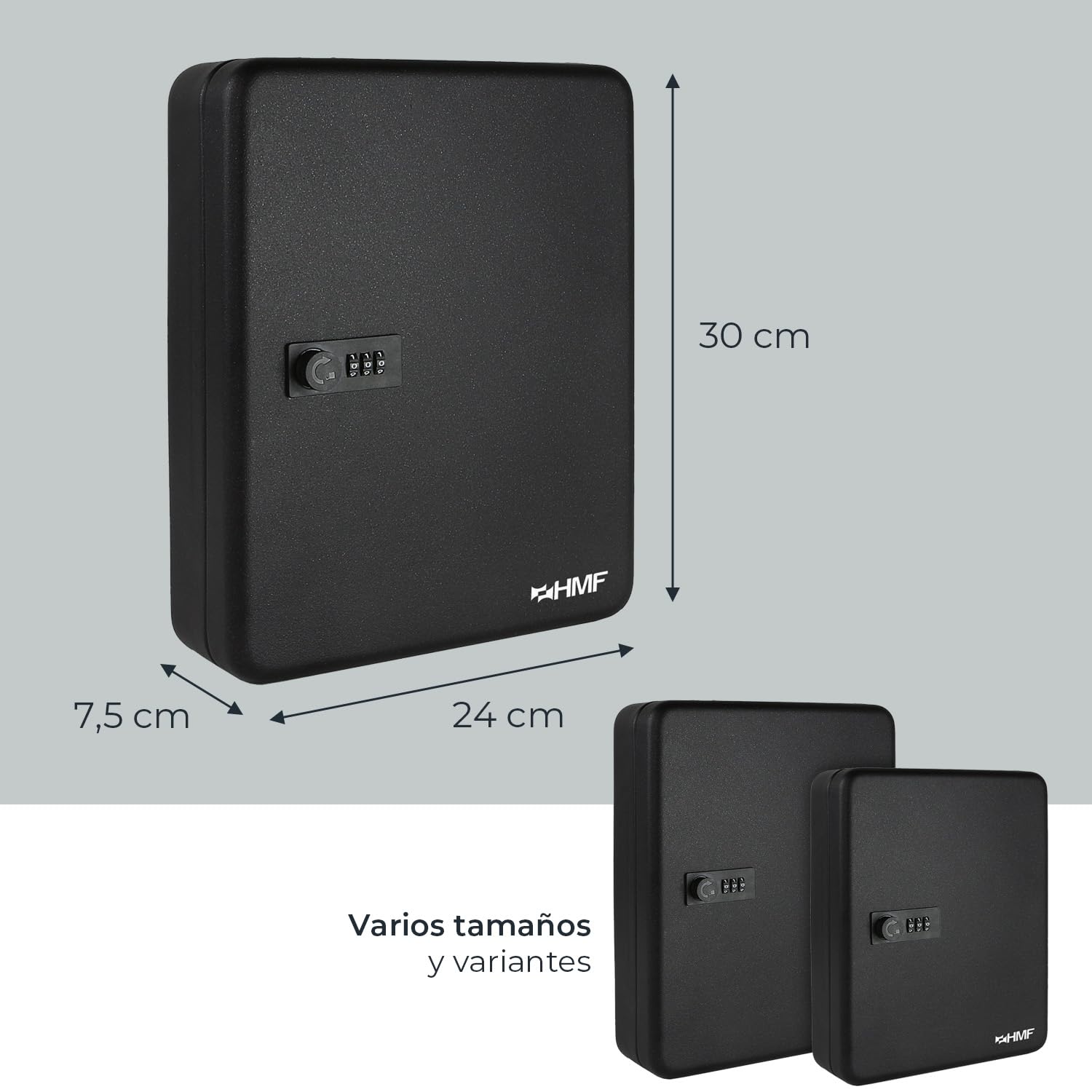 HMF Caja para Llaves Grande de Acero, Armario para Llaves con código numérico para Pasillo, despacho o Garaje | 45 Ganchos | 30 x 24 x 7,5 cm | Negro