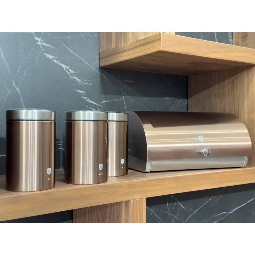 Berlinger Haus Brotkasten Edelstahl mit 3-teiligem Aufbewahrungsbox-Set, Roségold Metallic Linie - Brotbox und Vorratsbehälter für Küche und Haushalt