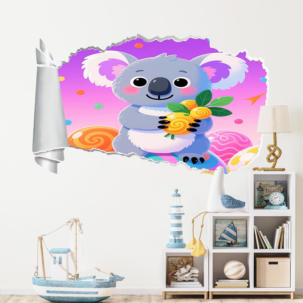 Adesivi Murali Murales Fracassati 3D Koala Decalcomanie Per Pavimenti In Impermeabile Animali Carini Per La Camera Da Letto, La Decorazione Della Parete 70X112Cm