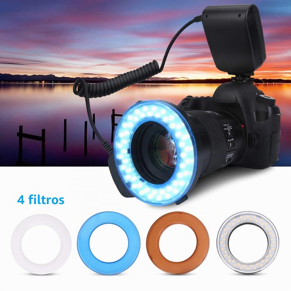 Anillo de luz de flash LED portátil con 4 filtros y 8 adaptadores de anillo para cámaras réflex Canon/Nikon/Penant/Olympus/Panasonic